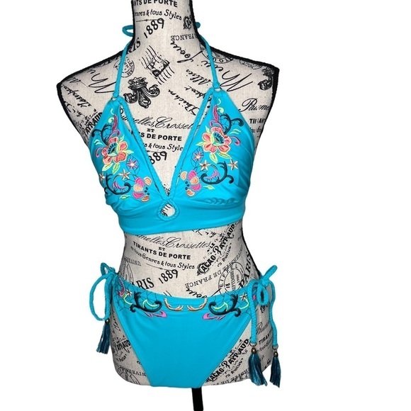 Bohemian Teal Turquoise Floral Embroidered Two Piece Bikini Swim Suit Size Small - Picture 1 of 16